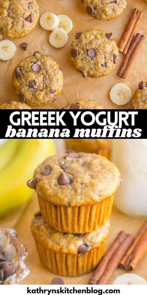 Greek Yogurt Banana Muffins (Soft & Fluffy)- Kathryn's Kitchen Greek Yogurt Recipes Gluten Free, Macro Friendly Banana Muffins, Healthy Banana Protein Muffins, Banana Protein Muffins Healthy, Protein Cinnamon Muffins, Greek Yogurt Muffins Healthy, Healthy Muffins Clean Eating, High Protein Banana Muffins, Yogurt Banana Muffins