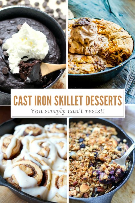 I absolutely love my cast iron skillet, and of course I love dessert recipes, so the most natural progression in life is to bake up some cast iron skillet desserts! Campfire Cast Iron Desserts, Baking In Cast Iron Skillet, Skillet Cookies Cast Iron, Mini Cast Iron Skillet Recipes, Iron Skillet Desserts, Cast Iron Desserts, Cast Iron Skillet Desserts, Skillet Recipes Dessert, Iron Skillet Breakfast Recipes