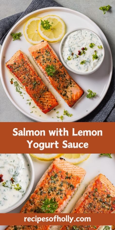 Salmon with Lemon Yogurt Sauce Salmon Yogurt Sauce, Yogurt Sauce For Salmon, Lemon Yogurt Sauce, Greek Sauce, Salmon With Lemon, Salmon Pizza, Sauce For Salmon, Creamy Yogurt, Quick Healthy Dinner