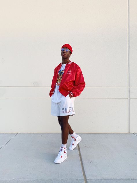 Red And White Casual Outfit, Red Sneakers Outfit Mens, Red Hat Outfit Men, Red Streetwear Outfit Men, Red And White Outfit Men, Red Necklace Outfit, Red Streetwear Outfit, Red Hat Outfit, White Casual Outfit