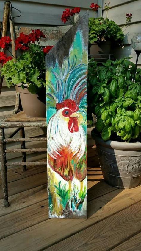 Painting On Slate Ideas, Fence Art Painting, Painted Fences, Wood Art Painting, Rooster Artwork, Barn Wood Art, Florida Wall Art, Farm Animal Paintings, Plank Art