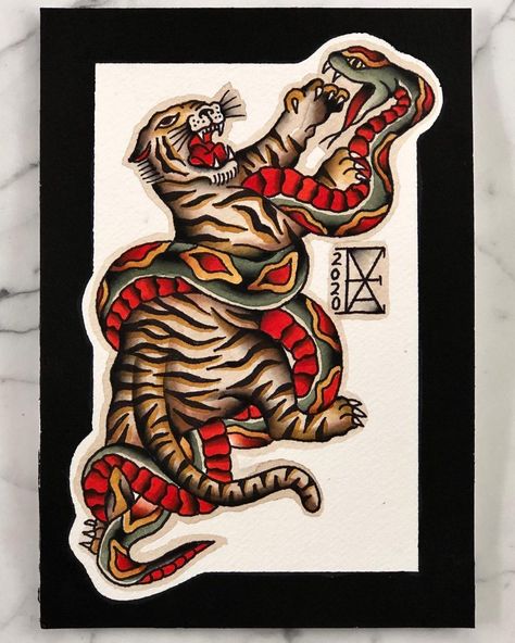 EVA Traditional Tattoos +Flash on Instagram: “Classic duo for Tim on 5x7, thanks so much @tevans_1022 this was so fun!” Tiger And Snake Tattoo, Flash Painting, Ink Magazine, Vintage Flash, Traditional Tattoo Flash, Traditional Tattoos, Tiger Tattoo, Snake Tattoo, Tattoo Flash