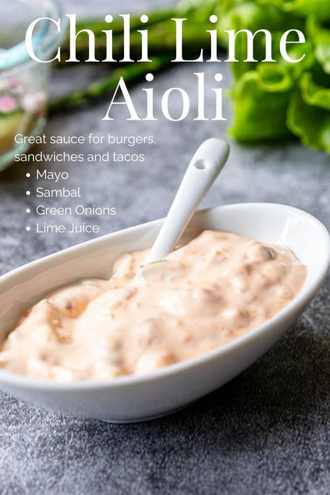 This Chili Lime Aioli is a simple mayonnaise based sauce that is a perfect condiment for burgers, sandwiches, or tacos. You simply mix mayo, Asian chili sauce, lime and green onions Aioli Recipes, Asian Chili, Asian Chili Sauce, Lime Aioli, Honey Mustard Dipping Sauce, Aioli Sauce, Mustard Dipping Sauce, Zesty Sauce, Aioli Recipe