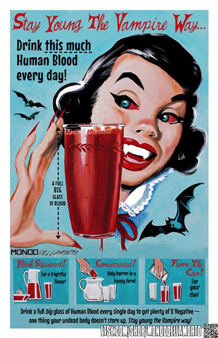 MondoDellamorto: Staying Young The Vampire Way poster Warrior Angel, Catty Noir, Vampire Academy, Halloween Vintage, Stay Young, Vintage Horror, Retro Halloween, 8x10 Print, The Vampire