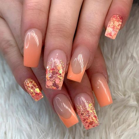 Peach Colour Nails, Spice Nails, Pumpkin Spice Nails, September Nails, Manicure Nail Designs, Cute Acrylic Nail Designs, Color Nails, Polish Colors, Sparkly Nails