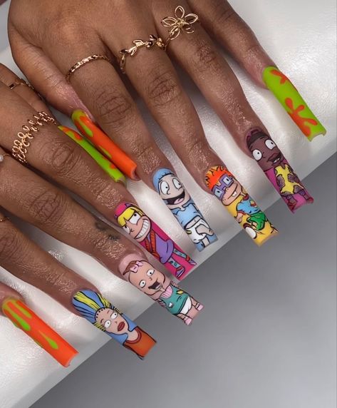 Proud Family Nail Art, Rugrats Nail Designs, Proud Family Nails, Character Art Nails, Rugrats Nail Art, Trippy Nails Acrylic, Rugrats Nails, Trippy Nail Designs, 90s Cartoon Nails