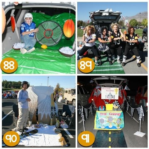 Trunk or Treat Ideas for Sport Fans Football Trunk Or Treat, Creative Trunk Or Treat, Creative Trunk Or Treat Ideas, Treat Ideas For Halloween, Parking Lot Party, Halloween Trunk Or Treat, Church Trunk, Halloween Car Decorations, Confirmation Ideas