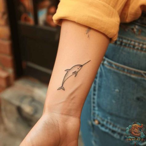 Splashing into Sea-Inspired Ink: The Majestic World of Narwhal Tattoos: 133 Designs - inktat2.com Small Narwhal Tattoo, Narwhal Tattoo, Narwhal Tusk, Full Sleeves Design, Legends And Myths, Subtle Tattoos, Sea Inspired, Arm Tattoos, Narwhal