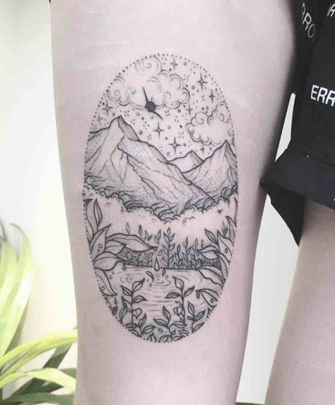 23 Remarkable Mountain Tattoos - Tattoo Insider Colorado Mountains Tattoo, Tattoo Elements, Scenery Tattoo, Moon Mushroom, Mountain Tattoos, Scene Tattoo, Painting Mountains, Mushroom Tattoo, Cup Tattoo