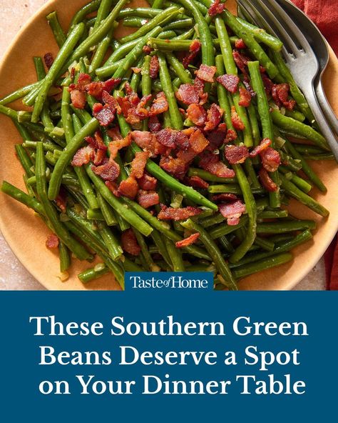 These southern style green beans are infused with rich, smoky flavors, courtesy of adding savory bacon! 🔗 Click the link in our bio for the full recipe. ⁠ ⁠ ⁠ #greenbeans #dinnersides #dinnerrecipes #dinnerideas #bacon #tasteofhome Bacon And Green Beans, Southern Green Beans, Bacon Casserole, Green Beans Recipe, Green Beans With Bacon, Easy Bacon, Ground Beef Casserole, Beans Recipe, Fresh Green Beans