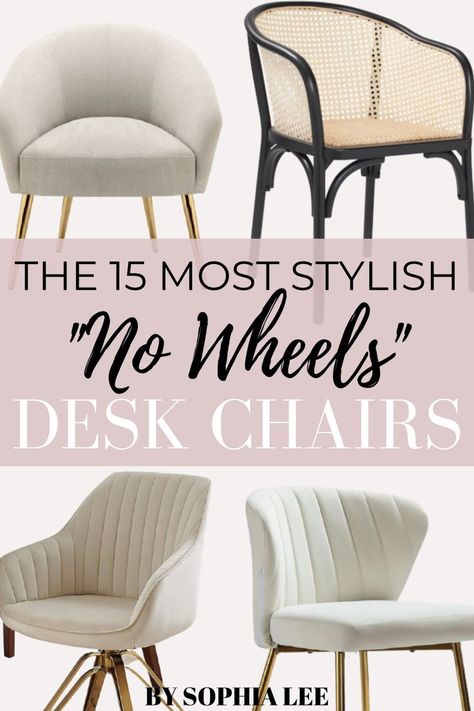 Desk chairs without wheels just look so much better in home offices in my opinion... These are options are stunning!! Desk Chairs Without Wheels, Stylish Desk Chair No Wheels, Computer Chair No Wheels, No Wheels Desk Chair, Writing Desk Chair, Stationary Desk Chair, Kitchen Desk Chair, Modern Chic Office Design, Feminine Office Chair