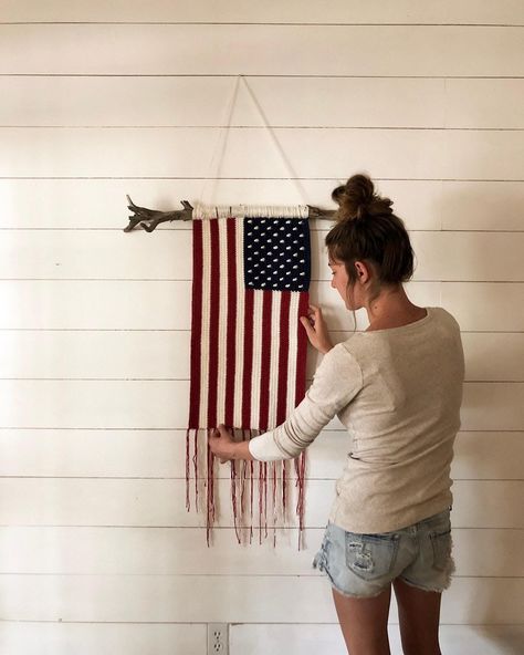 Crochet American Flag Wall Piece - She's Rooted Home American Flag Crochet Pattern, Macrame American Flag, Crochet Flag, American Flag Crochet, Sell Crochet, American Flag Wall Hanging, Patriotic Wall Hanging, Christmas Table Runner Pattern, Flag Wall Hanging