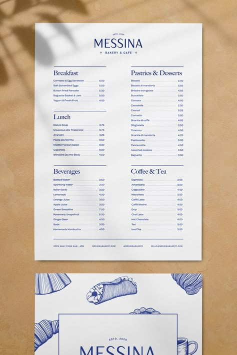 Menu Design for Messina Bakery & Cafe #branding #identity #hospitality #print Outside Menu Board Restaurant, Cafe Portfolio Design, Coffee Menu Graphic Design, Bar Menu Card Design, Take Out Menu Design, Menu For Bakery, Cute Cafe Menu Design, Menu Bakery Design, Menue Design Ideas