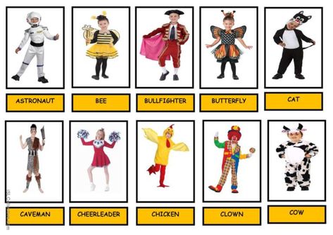 This is the first set of flashcards which included 10 carnival costumes and their corresponding labels with their names. It can be used to play different games, such as dominoes, pairs, mime and guess, and so on. Carnival Printables, Esl Vocabulary, Vocabulary Practice, Picture Description, Costumes Pictures, Esl Worksheets, Carnival Costumes, Bad Timing, Halloween Dress