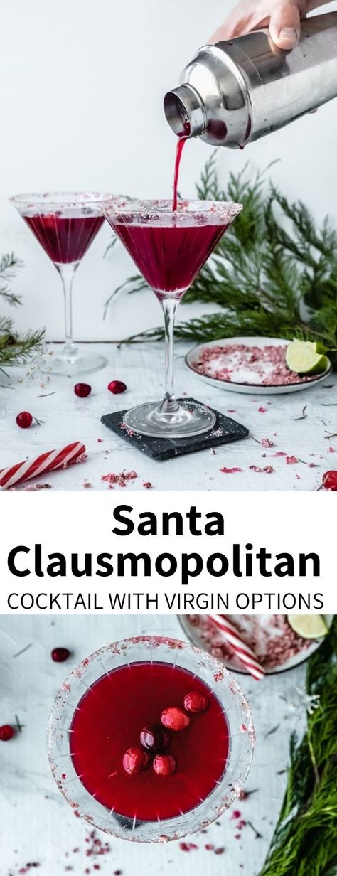 Christmas Cosmopolitan Holiday Cocktails, Holiday Cosmopolitan Drink, Candy Cane Rimmed Drink, Crantini Recipe Cocktails, Santa Cosmopolitan, Holiday Cosmopolitan, Santa Clausmopolitan, Christmas Cosmo, Christmas Cosmopolitan