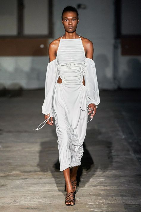 Fashion week, runway, haute couture, high fashion, high-end ready to wear, white ruched dress, summer dress High Fashion Runway, 90s Runway Fashion, Old Fashioned Cocktail, Dion Lee, Runway Trends, Fashion Show Collection, School Fashion, White Fashion, Essie