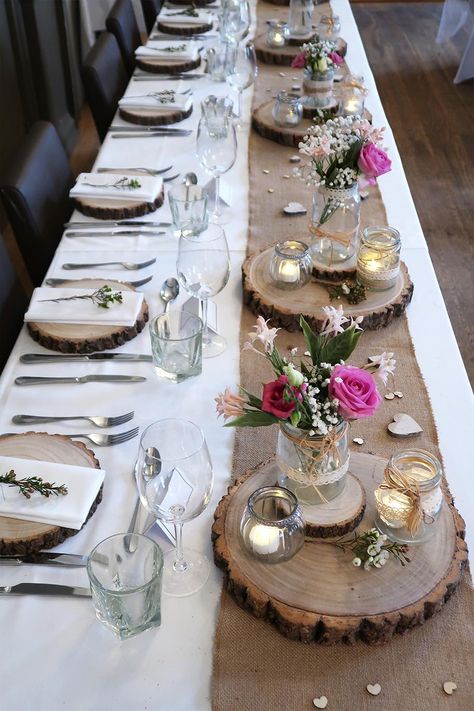 Looking for a more natural wedding theme, our log slices and hessian runners would be perfect Wood Slices Table Decor, Log Centerpieces Wedding Wood Slices, Tree Slabs Wedding, Log Decorations Wedding, Wood Log Centerpieces Wedding, Wooden Logs Decor, Wooden Table Decor Wedding, Log Slice Centerpiece Wedding, Wooden Plates Decorative