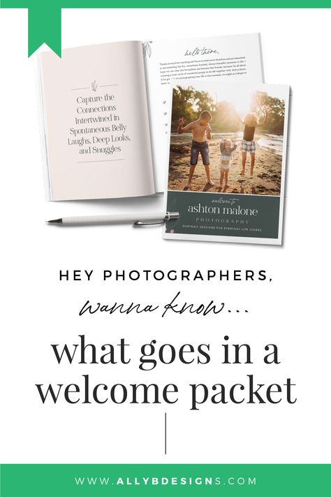 A welcome packet is a must-have for any photography business. Take steps to protect your time and maximize your brand collateral with a strategic welcome packet that includes all the right information and not too much. Find out the difference between a photographer welcome packet vs. an after booking client guide (also called a new client guide) and why you need one of each. This post shares exactly what goes in each guide! #welcomepacket #welcomepacketfornewclients #clientcommunication Photography Client Welcome Gift, Client Onboarding Packet, Client Welcome Guide, Photography Client Welcome Packet, New Client Welcome Packet, Photography Client Gifts, Wedding Photographer Business, Brand Typography, Brand Collateral