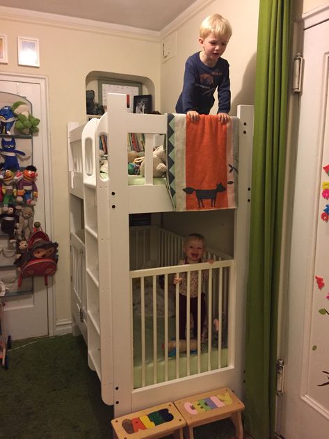 Bunk Bed Over Crib, Loft With Crib Underneath, Crib Bunk Bed Diy, Crib Size Bunk Beds, Bunk Bed Crib Combo, Bunk Beds And Crib Shared Room, Double Toddler Bed Shared Rooms, Crib Under Loft Bed, Crib Under Bunk Bed