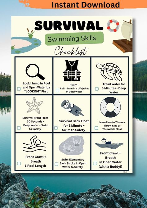 Swimming Lesson Plans, Checklist For Kids, Water Survival, Swim Instructor, Learn To Swim, Swim Lessons, Deep Water, Open Water, Survival Tips