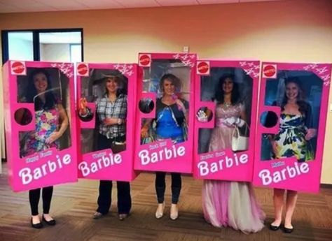 Five different types of Barbies: Barbie Box Costume, Barbie And Ken Costume, Boxing Halloween Costume, Barbie E Ken, Best Group Halloween Costumes, Barbie Y Ken, Barbie Halloween Costume, Barbie Theme Party, Box Costumes