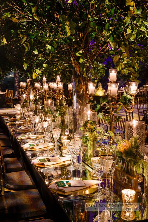 Extravagant wedding decor with tons of greenery, candles and mirrored tabletop. Planning and design by Lindsay Landman Events. Photo by Brian Dorsey Studios #fairytalewedding #weddinggreenery #weddingtable #headtable #glamorouswedding #citywedding #luxuryweddding #weddingdecor #weddingdecorations #weddingcandles #museumwedding #nycwedding Aestethic Wedding Decor, Indoor Garden Wedding Reception Decor, Castle Wedding Table Decor, Enchanting Wedding Decor, Luxury Wedding Table Settings, Lavish Wedding Decor, Whimsicle Wedding Decor, Garden Of Eden Wedding Theme, Wedding Salon Decoration