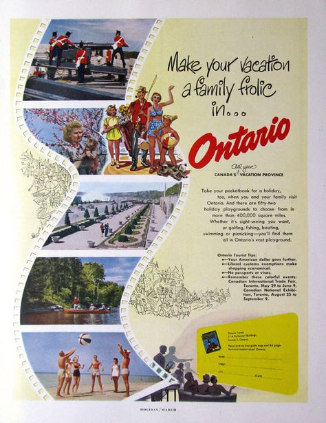 1950 Ontario travel ad | #RetroReveries Travel Advertisement, Canada Vacation, Travel Ad, Ontario Travel, Travel Ads, Flat Photo, Red Retro, Retro Ads, Film Strip