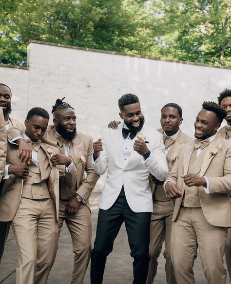 Black Grooms, Groomsmen In Tan Suits, Black And Gold Groomsmen Attire, Gold Groomsmen Suits, Groomsmen Attire Formal, Tan Grooms Suit, Groomsmen Champagne Attire, Tan Suits Groomsmen, Nude Groomsmen Suits