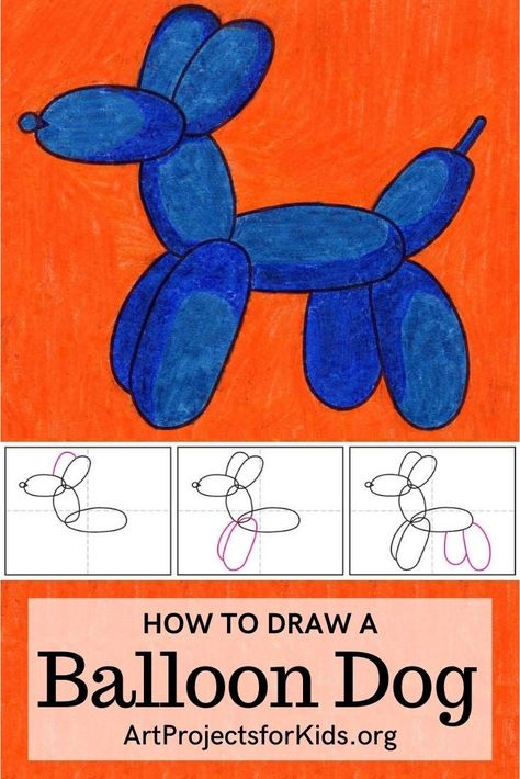 Learn how to draw a Balloon Dog with an easy step-by-step PDF tutorial. #howtodraw #tutorial #drawing #drawingtutorial #arttutorial #artprojectsforkids #howtodrawforkids #koons #balloondog How To Draw A Balloon Dog, Balloon Dog Drawing, Dog Art Projects, Jeff Koons Art, Pantone Paint, Dog Drawing Ideas, Dog Tutorial, Drawing Crafts, Charcoal Painting