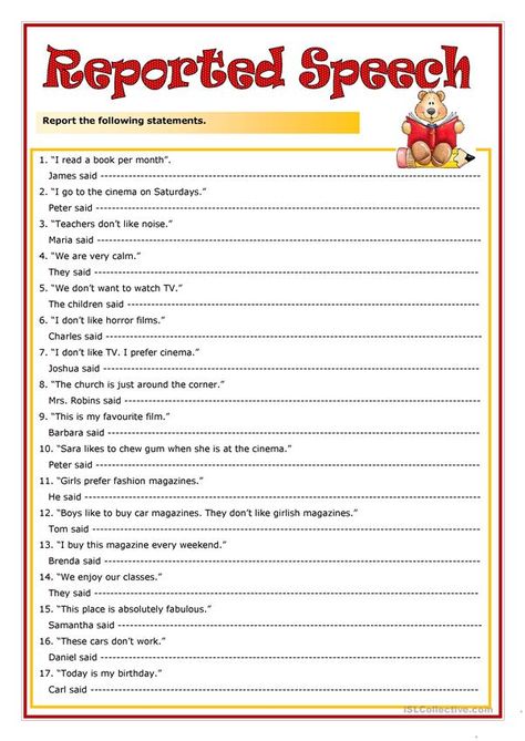 Reported Speech worksheet - Free ESL printable worksheets made by teachers Reported Speech Grammar Rules, Direct And Indirect Speech Worksheets, Indirect Speech Worksheets, Speech Rules, Direct And Indirect Speech, Indirect Speech, Direct Speech, Reported Speech, English Worksheet