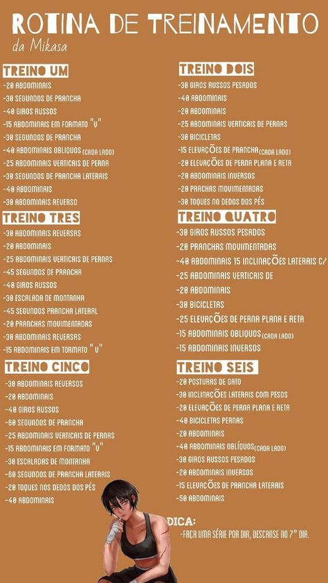 Lembrando! : - Você pode comer oq você quiser, só precisa maneirar - Treine apenas de Segunda a Sábado, Domingo Descanso para os músculos! - Bêba Sempre Água - Coma Mais Saudável Em Breve Mais Personagens. Mikasa Exercise, Mikasa Workout Routine, Mikasa Workout, Training Motivation, Workout Plan Gym, Positive Habits, Planet Fitness Workout, Beginner Workout, Do Exercise