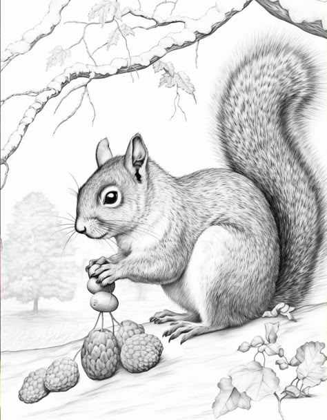 Forest Drawings, Squirrel Drawing Sketches, Squirrel Tattoo Realistic, Drawing Squirrel, Squirrel Anatomy Drawing, Squirrel Sketch Pencil, Grey Squirrel Drawing, Squirrel In Tree Drawing, Squirrel Drawing