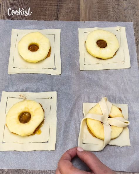 Apple Slice Puff Pastry, Upside Down Dessert Puff Pastry, Pineapple Puff Pastry Recipes, Apple Blossom Recipe Puff Pastries, Apple Ring Puff Pastry, Puff Pastry Apple Tart Simple, Apple Tarts With Puff Pastry, Pineapple Puff Pastry Desserts, Apple And Puff Pastry Desserts