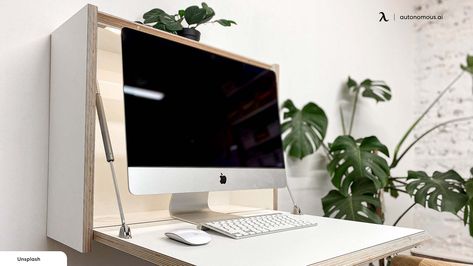 Imac Desk, Hidden Office, Ivar Regal, Small Home Office Ideas, Hidden Desk, Large Office Desk, Tiny Home Office, Fold Down Desk, Smart Desk