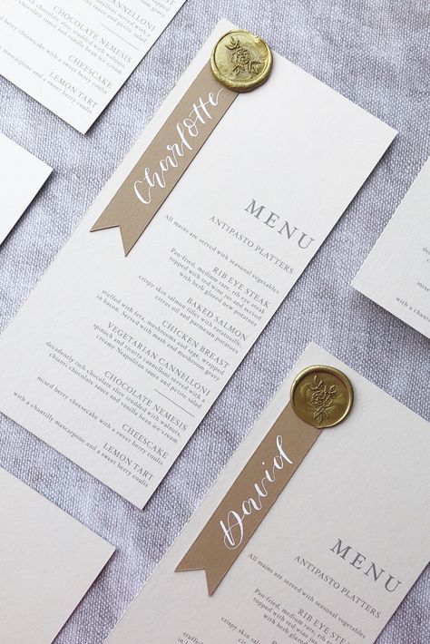 Wedding Stationery Wax Seal, Wedding Menu Ideas With Wax Seal, Placecards Wedding Wax Seal, Wedding Programs With Wax Seal, Menu Cards With Wax Seal, Gold Wedding Menu Cards, Wedding Menu Ideas With Names, Wedding Menu Placecard, Menu Cards For Wedding