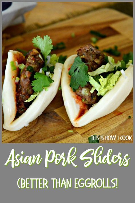 Asian Pork Sliders, Asian Sandwiches, Asian Sliders, Asian Burger, Asian Food Appetizers, Burger Sliders Recipes, Pork Patties, Patty Recipe, Korean Pork