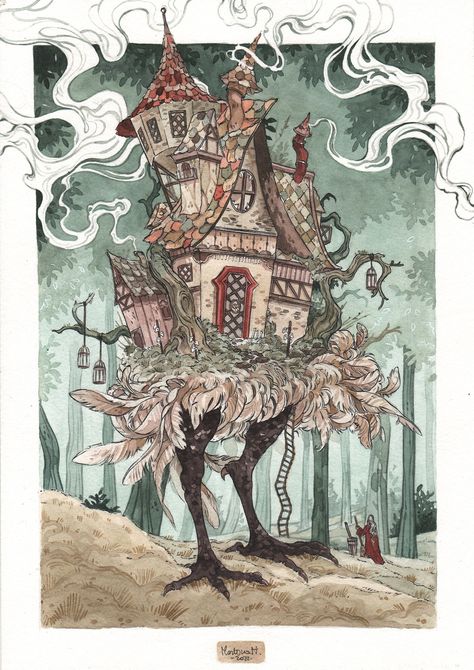 "Baba Yaga's House This item is available in two sizes: 🍇 11.7\"x8.3\" (A4) 🍋 8.3\"x5.8\" (A5) (Colors may slightly differ due to monitor color settings) 🌿 Printed on high quality ivory textured paper, 280 g/m ,very similar to real watercolor paper; shipped in a protective plastic sleeve inside a sturdy cardboard envelope. Each print is signed by the author. (Frame not included) ✨Shipping  Information✨ 🌿 This item will ship worldwide from Italy;  please, consider waiting between 4 and 6 week Mythology Party, Baba Yaga House, Fantasy Architecture, Baba Jaga, Inktober 2024, Sculpture Ideas, Baba Yaga, Arte Sketchbook, Fairytale Art