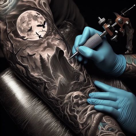 I will create attractive realism and sleeve tattoo designs Horro Tattoos Sleeve, Creepy Arm Sleeve Tattoo, Halloween Sleeve Tattoo Men, Halloween Tattoos Men, Mens Sleeve Tattoo Ideas Top 10, Tattoo Sleeve Realism, Dark Fantasy Tattoo Sleeve, Men Realism Tattoo, Tattoo Inspiration Men Sleeve