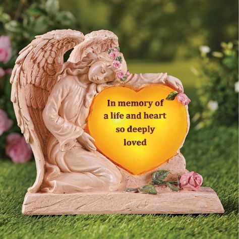 Solar Powered Angel Holding Heart Garden Memorial | Collections Etc. Angel Holding Heart, Garden Memorial, In Loving Memory Tattoos, Heart Garden, Memorial Garden Stones, Stone Step, Holding Heart, Memorial Statues, Beautiful Angels Pictures