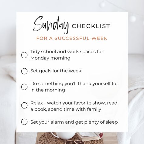 A successful week starts on Sunday! Check these items off of your list tonight to set yourself up for a good day and, ultimately, good week! 👍 ✔️ Clean and tidy school and work spaces for Monday morning ✔️ Set attainable goals for the week to keep yourself on track ✔️ Do something you'll thank yourself for in the morning - such as prepping your coffee station ✔️ Relax - watch your favorite show, read a book, spend time with family ✔️ Set your alarm and get plenty of sleep What do you like to do Sunday Real Estate Post, Sunday Real Estate Quotes, Weekend Real Estate, Sunday Real Estate, Sunday Checklist, Realtor Content, Attainable Goals, Goals For The Week, Real Estate Marketing Quotes