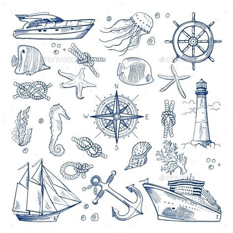 Sea or Ocean Underwater Life for $6 - Envato Market #BestDesignResources Marine Doodles, Anchor Illustration, Ocean Drawing, Sea Drawing, Life Sketch, Ocean Underwater, Underwater Theme, Style Character, Sailing Boats