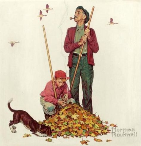 Leaf Basket, Norman Rockwell Art, Raking Leaves, Rockwell Paintings, Norman Rockwell Paintings, Boy Scouts Of America, Basket Set, Norman Rockwell, Arte Fantasy