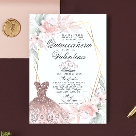 Gorgeous elegant Quinceañera (Mis Quince Años) watercolor floral invitations.  Blush pink roses with greenery and faux gold frame.  Faux glitter gown dress in pink. Editable template - easy to add your text - Spanish wording.  Perfect for girl's 15th birthday party. Quince Watercolor, Glitter Gown Dress, Invitation Quinceanera, Floral Pink Dress, Invitations Quinceanera, Watercolor Floral Invitation, Quince Invitations, Sweet Sixteen Invitations, Elegant Watercolor