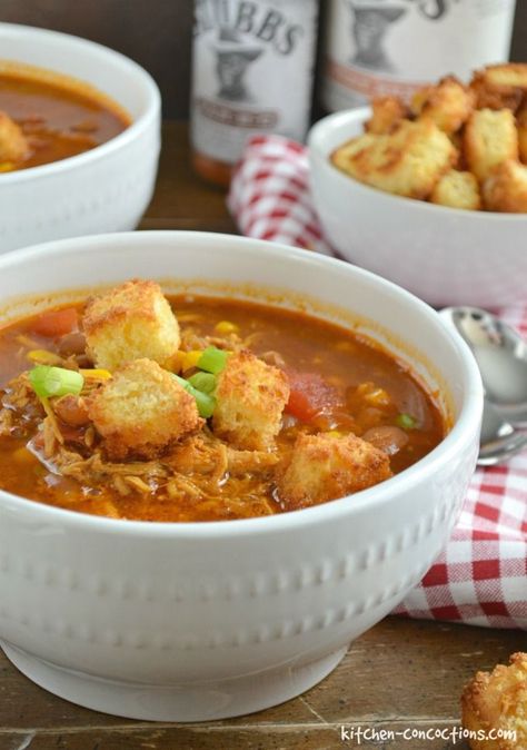 BBQ Chicken Soup with Cornbread Croutons Bbq Chicken Soup, Cornbread Croutons, With Cornbread, Bbq Chicken Salad, Homemade Cornbread, Chicken Patties, Main Dish Salads, Chicken Dishes Recipes, Chicken Crockpot Recipes