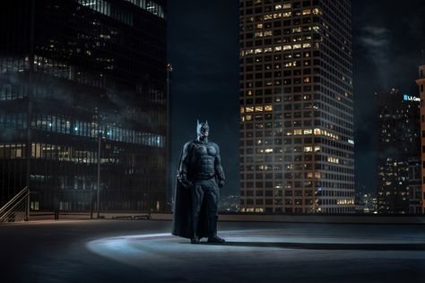 Batman on Behance Wallpapers Downtown, Roof Wallpapers, Standing On Rooftop, Batman Photoshoot, Batman Portrait, Batman Light, Batman Silhouette, Real Batman, Light Movie