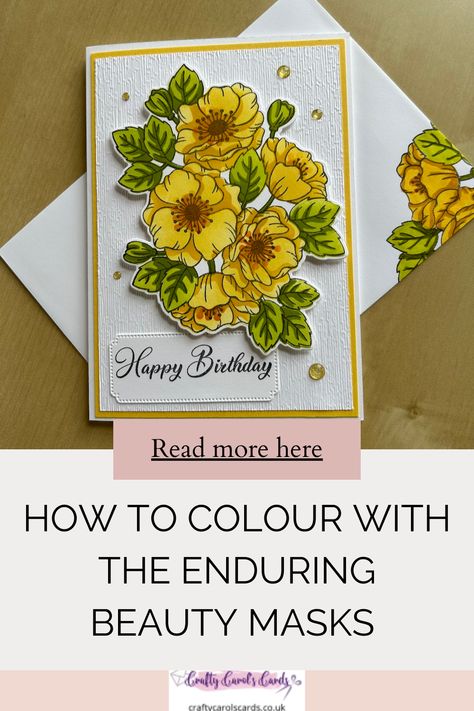 The Enduring Beauty bundle has not just stamps and coordinating dies, but also a THIRD part - the decorative masks. (Buying the bundle before the end of February will also get you a FREE Saleabration item.) The masks are designed to help you colour the large flower image that is the centrepiece of the stamp set. Find my key tips and all the measurements and instructions for the card in my blog where you'll also find the video. Enduring Beauty Decorative Masks, Enduring Beauty Cards, Stampin Up Enduring Beauty Cards, Enduring Beauty Stampin Up Cards, Inking Techniques, Easy Greeting Cards, Decorative Masks, Workshop Projects, Flower Image