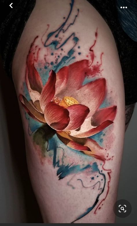 Lotus Tattoo Color, Watercolor Lotus Tattoo, Lilly Flower Tattoo, Tattoo 2022, Colorful Flower Tattoo, Realistic Flower Tattoo, Flor Tattoo, Lotus Flower Tattoo Design, Watercolor Lotus