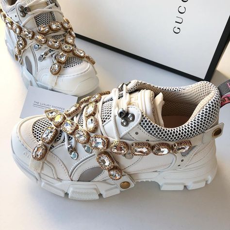 #Gucci Flashtrek sneaker with removable crystals | Via 📸 Gucci Flashtrek, Gucci Outfits, Shoe Shelf, Winter Sneakers, Bvlgari Bags, Chloe Bag, Wedge Sneaker, Shoe Game, Slip On Sneakers