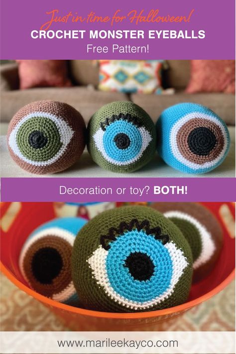 Crochet these adorable eye balls as a Halloween decoration or toy for the little monsters in your life. This fun fall project uses just single crochet with basic shaping, great for beginners. Bonus—the yarn comes from the dollar store! Please enjoy this free pattern. Eye Crochet, Crochet Monster, Eye Balls, Crochet Ball, Crochet Monsters, Halloween Eyeballs, Holiday Crochet, Fall Projects, Little Monsters