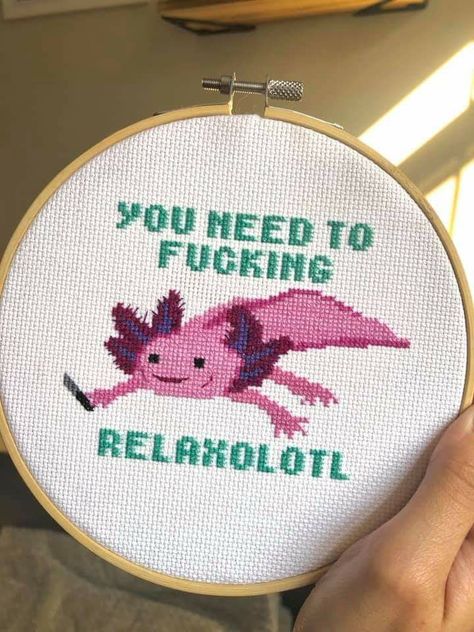 Axolotl Cute, Cute Office, Cross Stitch Funny, Crochet Motifs, Stitching Art, A Cross, Embroidery And Stitching, Cross Stitch Designs, Embroidery Art